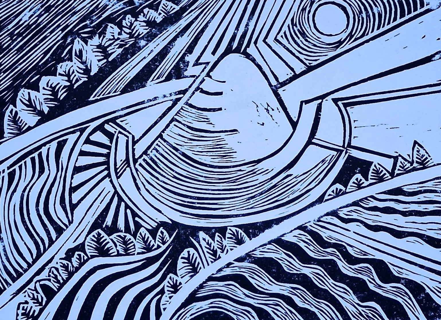 Hand printed linoprint from a drawing by Jane Bamsey