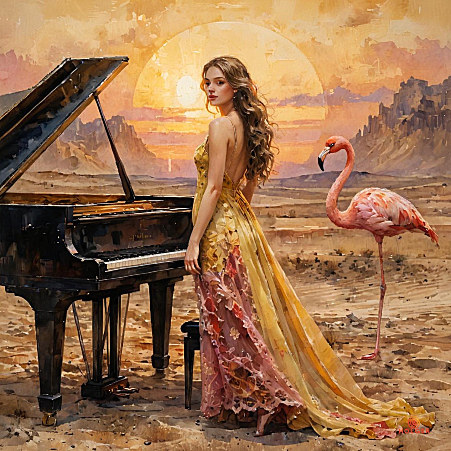 A woman with long, wavy brown hair and fair skin stands in a desert, looking bac...