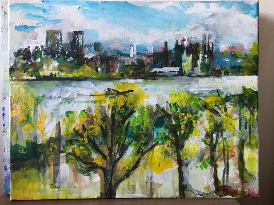 Southwesterly View of Thames from the balcony. Acrylic on Canvas, 42 x60 cm