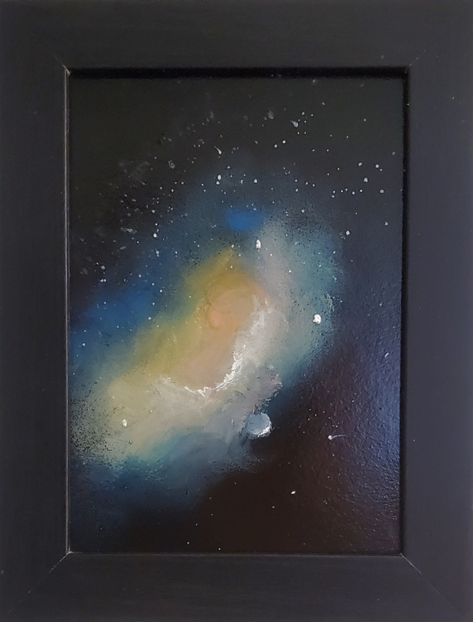 Galactic Mist is a small oil painting, measuring 5 by 7 inches. It captures an a...
