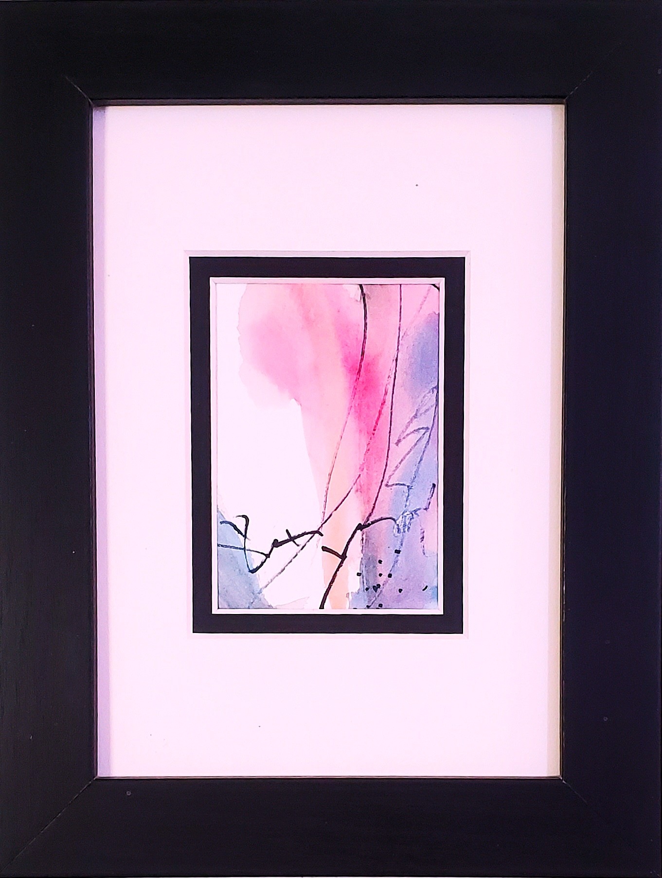 Threads is a small watercolor, just over two by three inches, matted to a crisp...