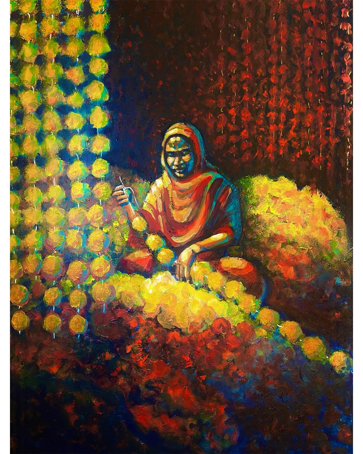 “The Garland Maker” - making marigold garlands, beautiful vibrant ornaments used...