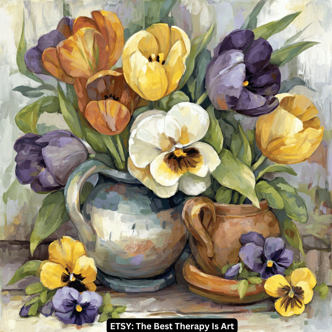 This collection features painterly floral still life artworks showcasing pansies...