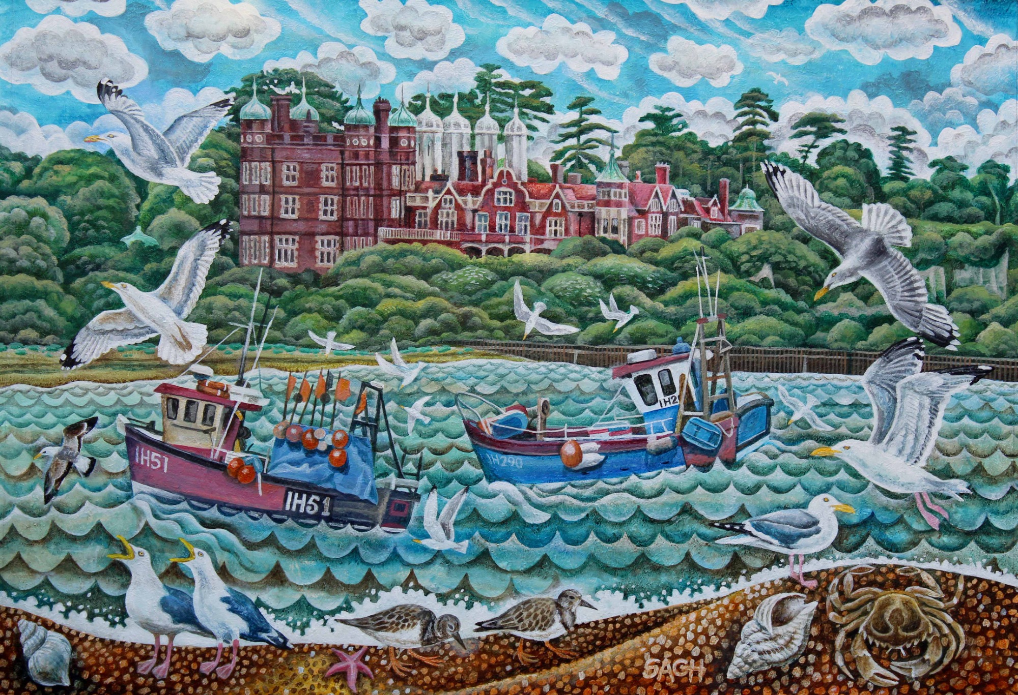 Bawdsey Manor ,Felixstowe, with two fishing boats.