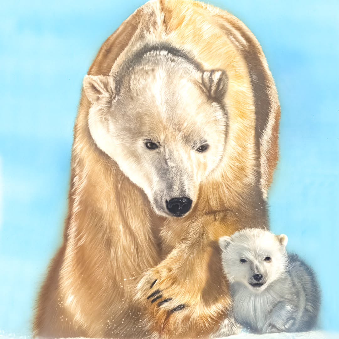 A quiet moment of safety and tenderness: a polar bear mother shielding her tiny...