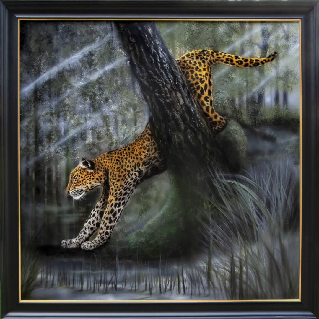 36"x36", framed, Javan Leopard, title "Ruta Alas"
Acrylic on clay covered panel...