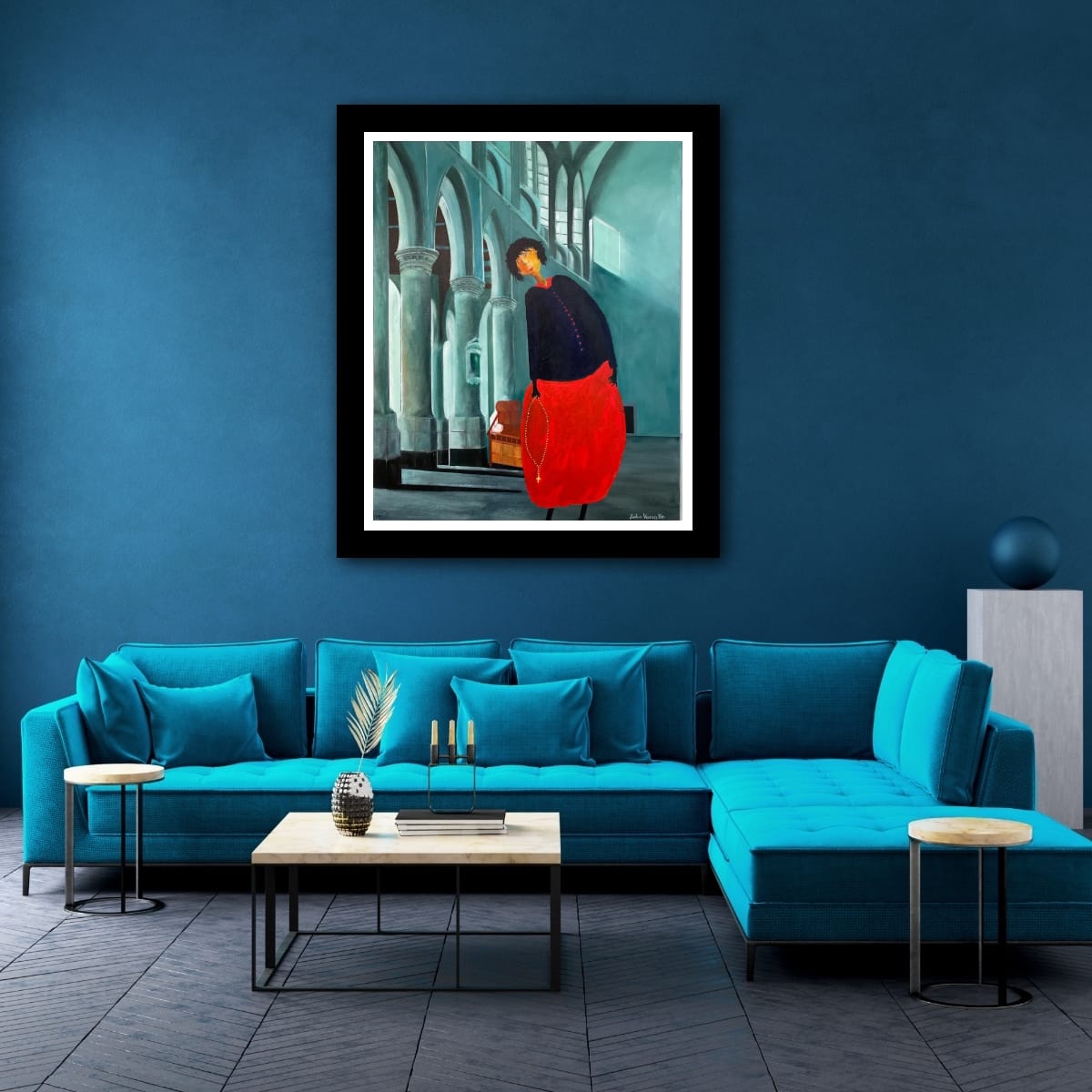 This painting presents a contemplative figure standing amid the towering arches...
