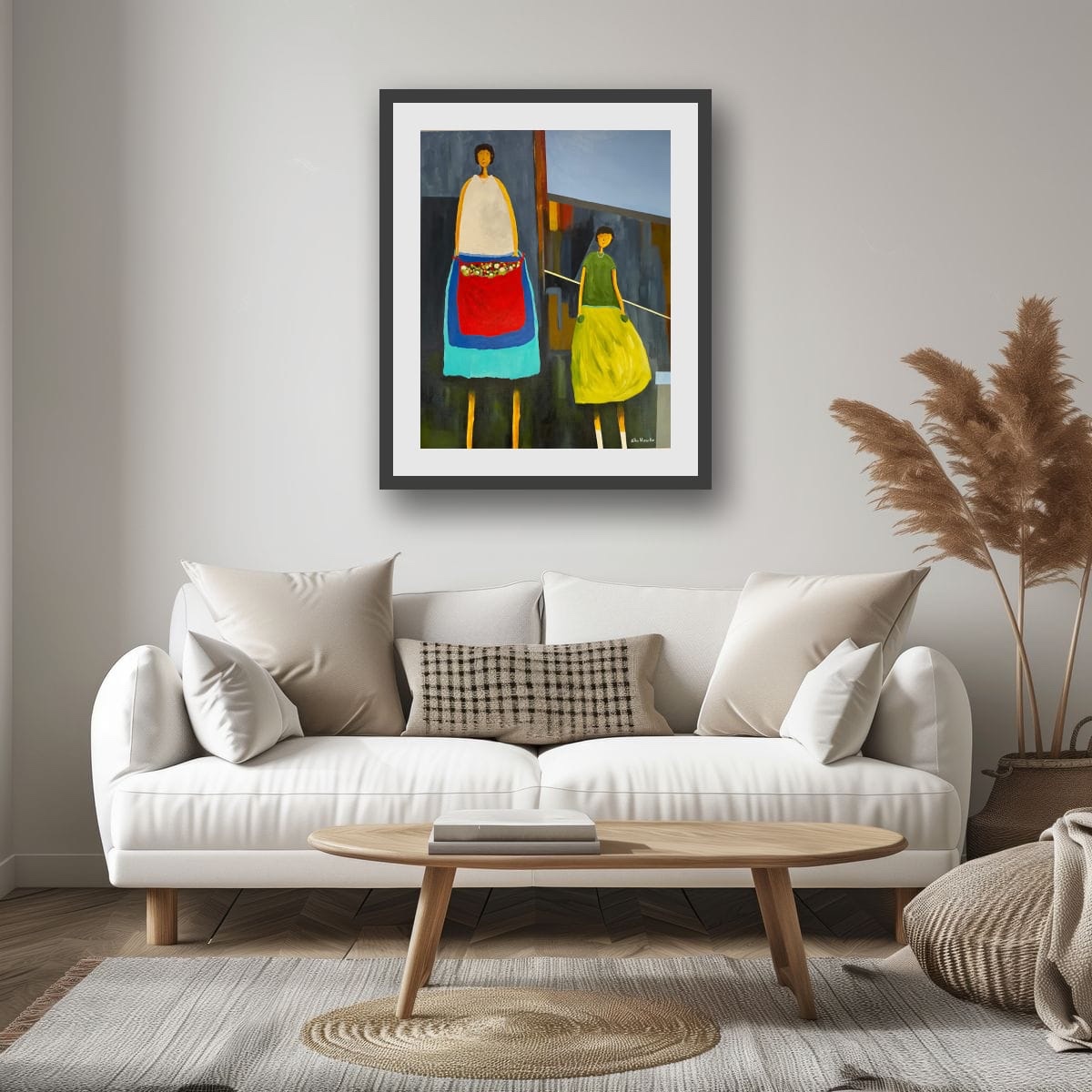 City Figures presents two elongated, abstract women set against an urban backdro...
