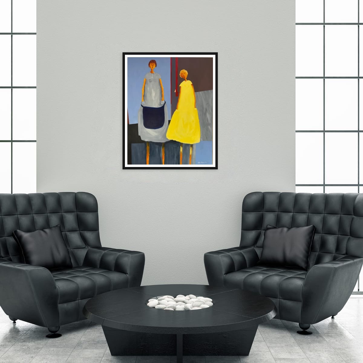 Split Presence" presents two elongated figures standing side by side, each disti...