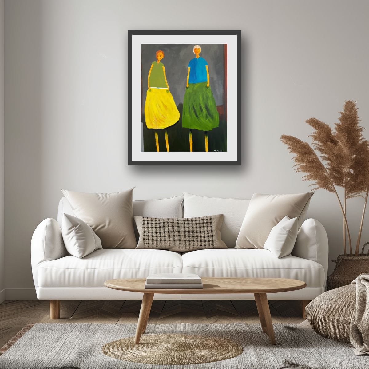 Twin Silhouettes presents two abstract figures dressed in bold, contrasting colo...