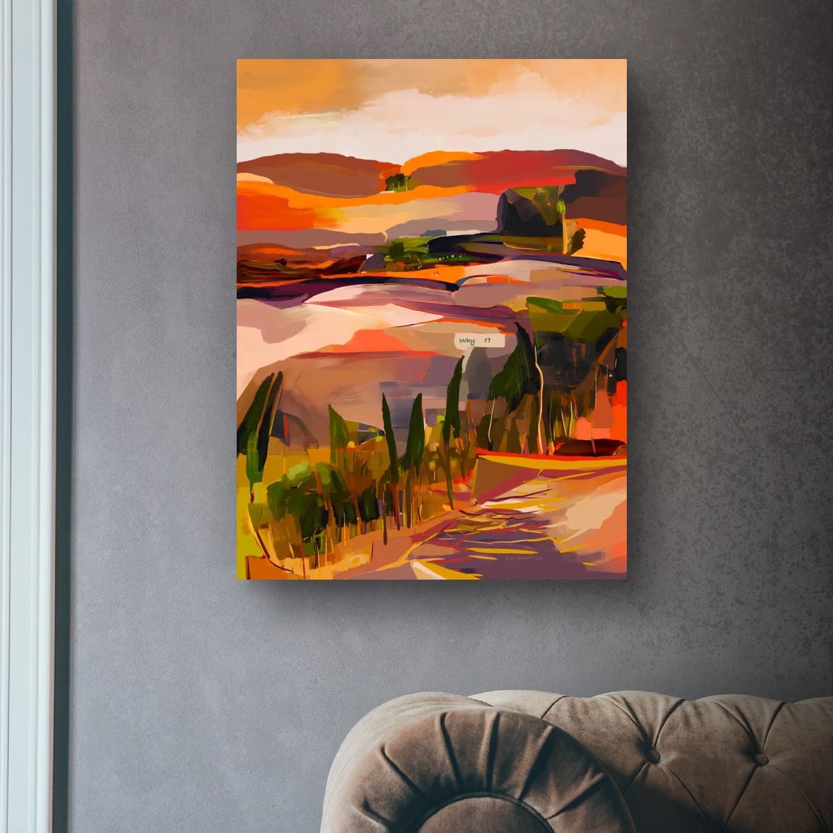 This abstract landscape reveals a vibrant blend of warm oranges, reds, and green...