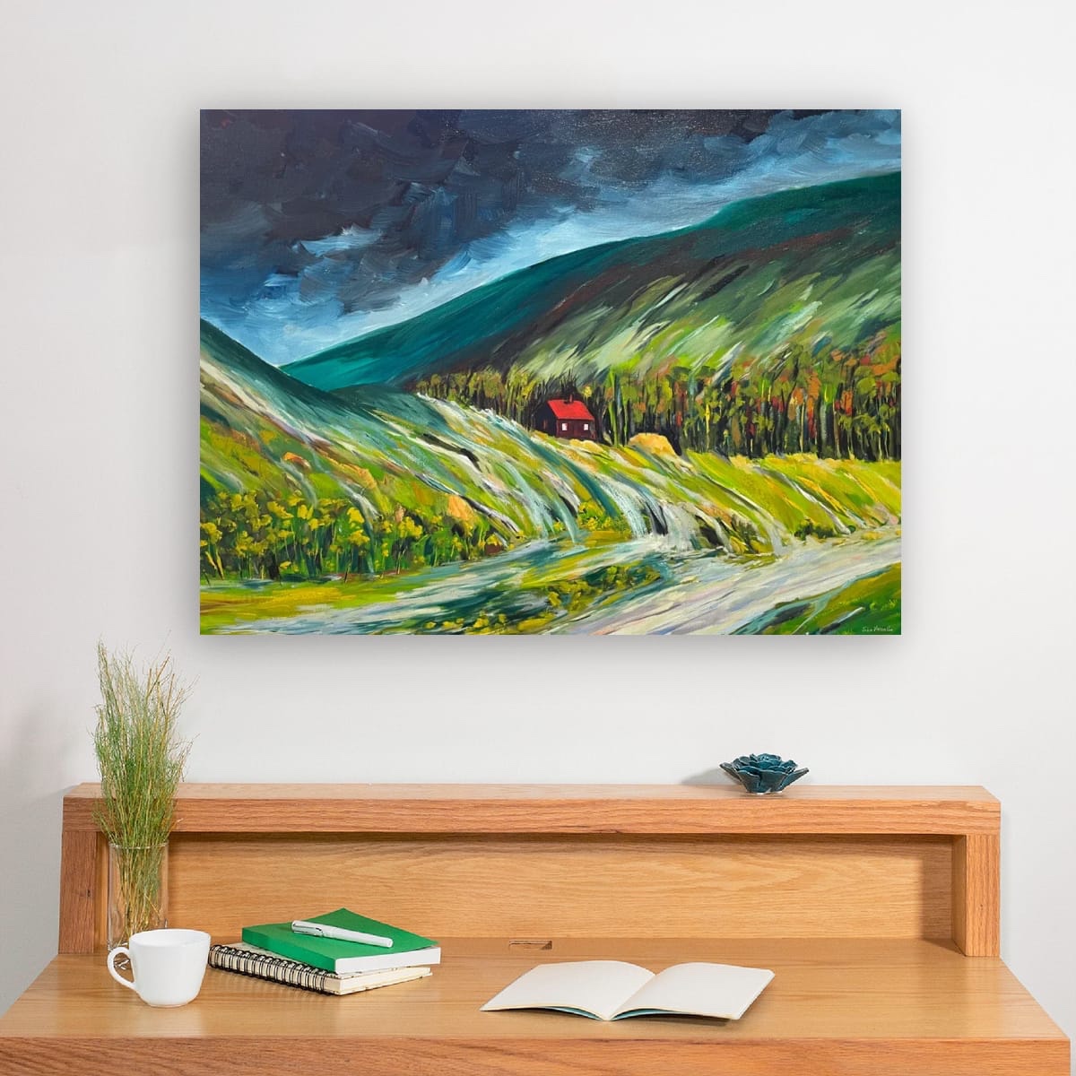 "Hillside Refuge" presents a serene landscape where a small cabin with a strikin...