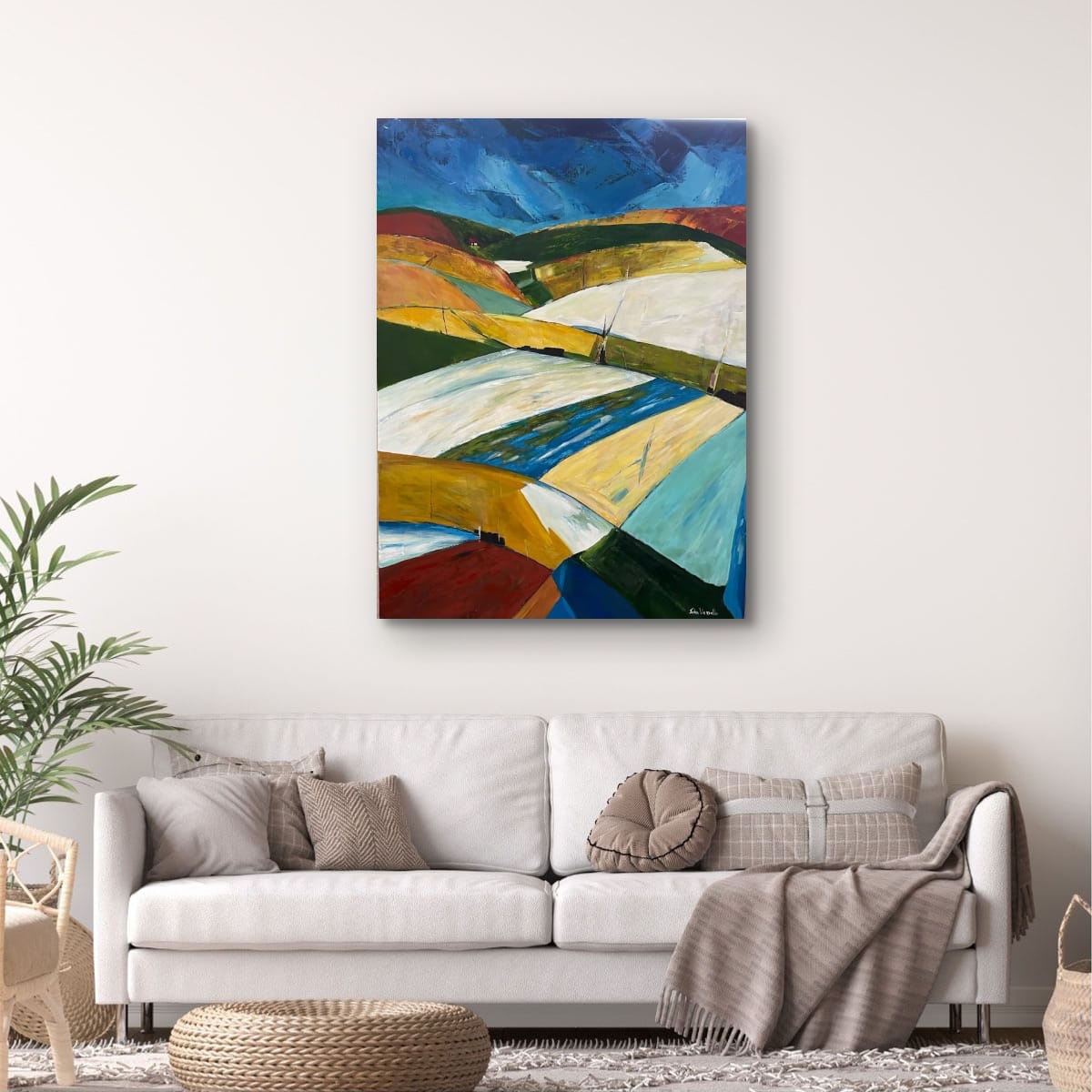 This painting presents a dynamic landscape where bold shapes and contrasting col...