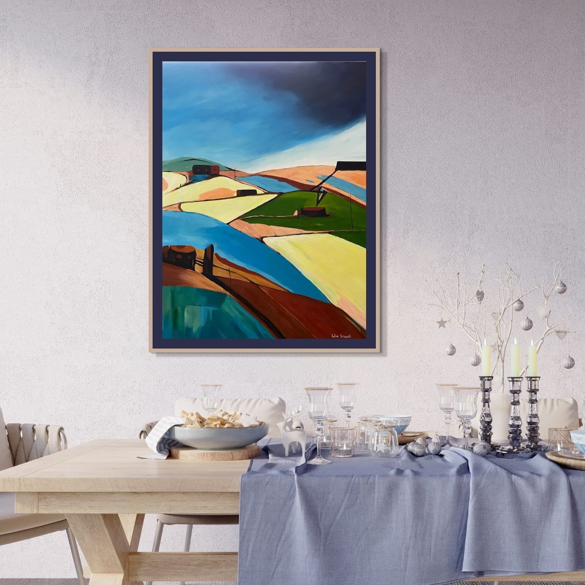 This artwork presents a stylized landscape where bold shapes and colors define f...