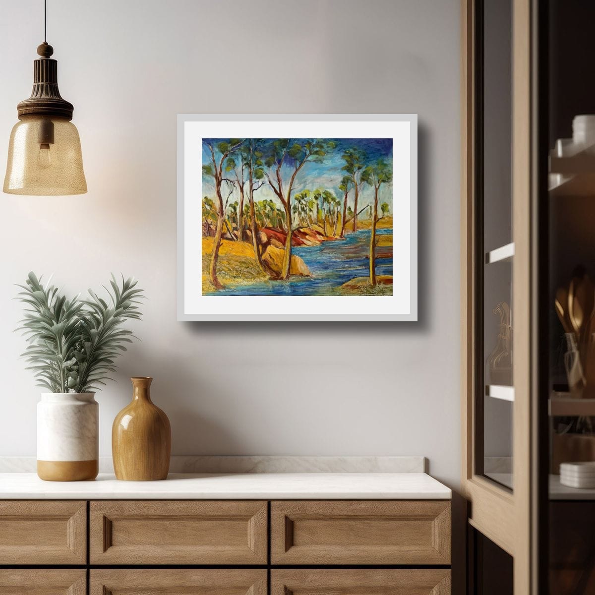 This painting presents a serene river winding through a forested landscape, wher...
