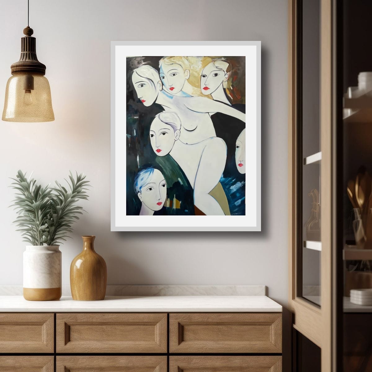 Gathered Faces" presents a cluster of abstract figures whose elongated features...
