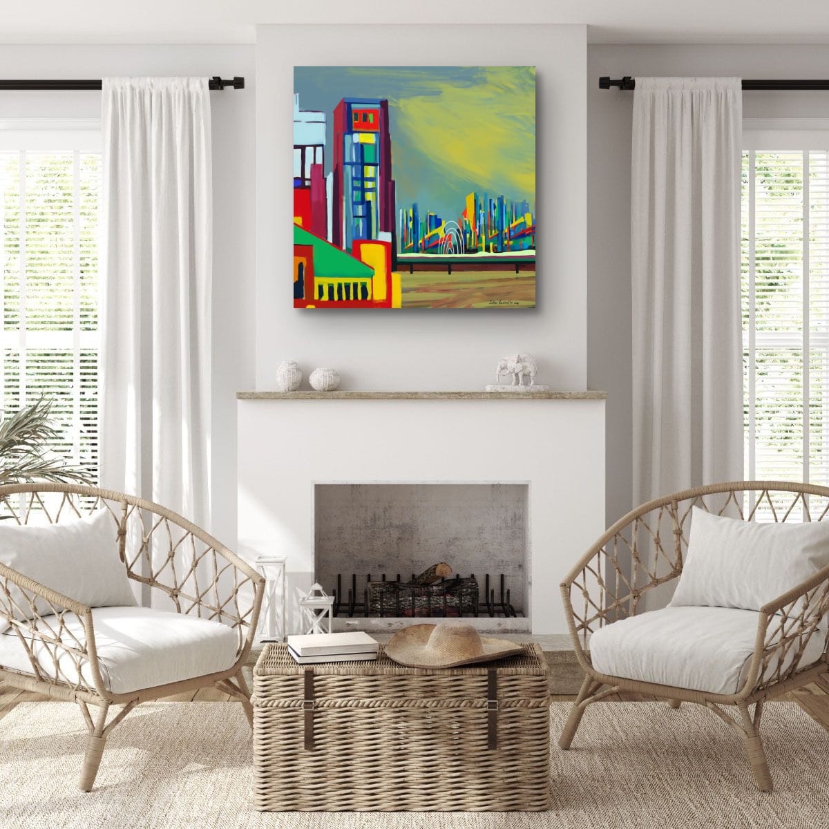 This abstract cityscape presents a modern skyline rendered in bold, vibrant colo...