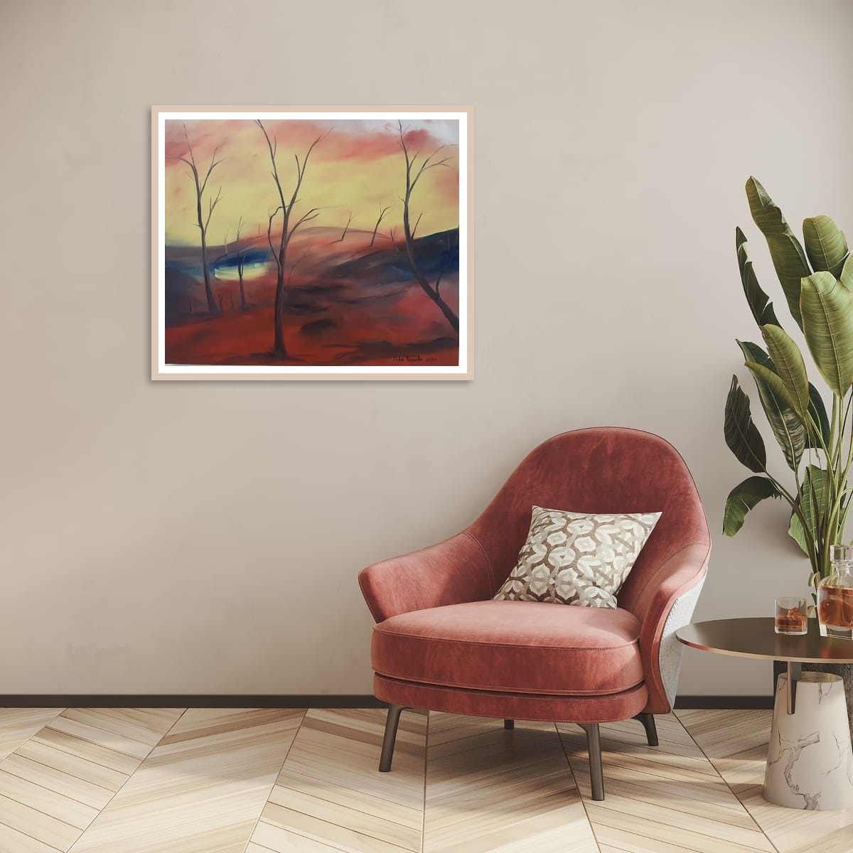 "Barren Hills Twilight Sunset" depicts a sparse landscape of leafless trees silh...