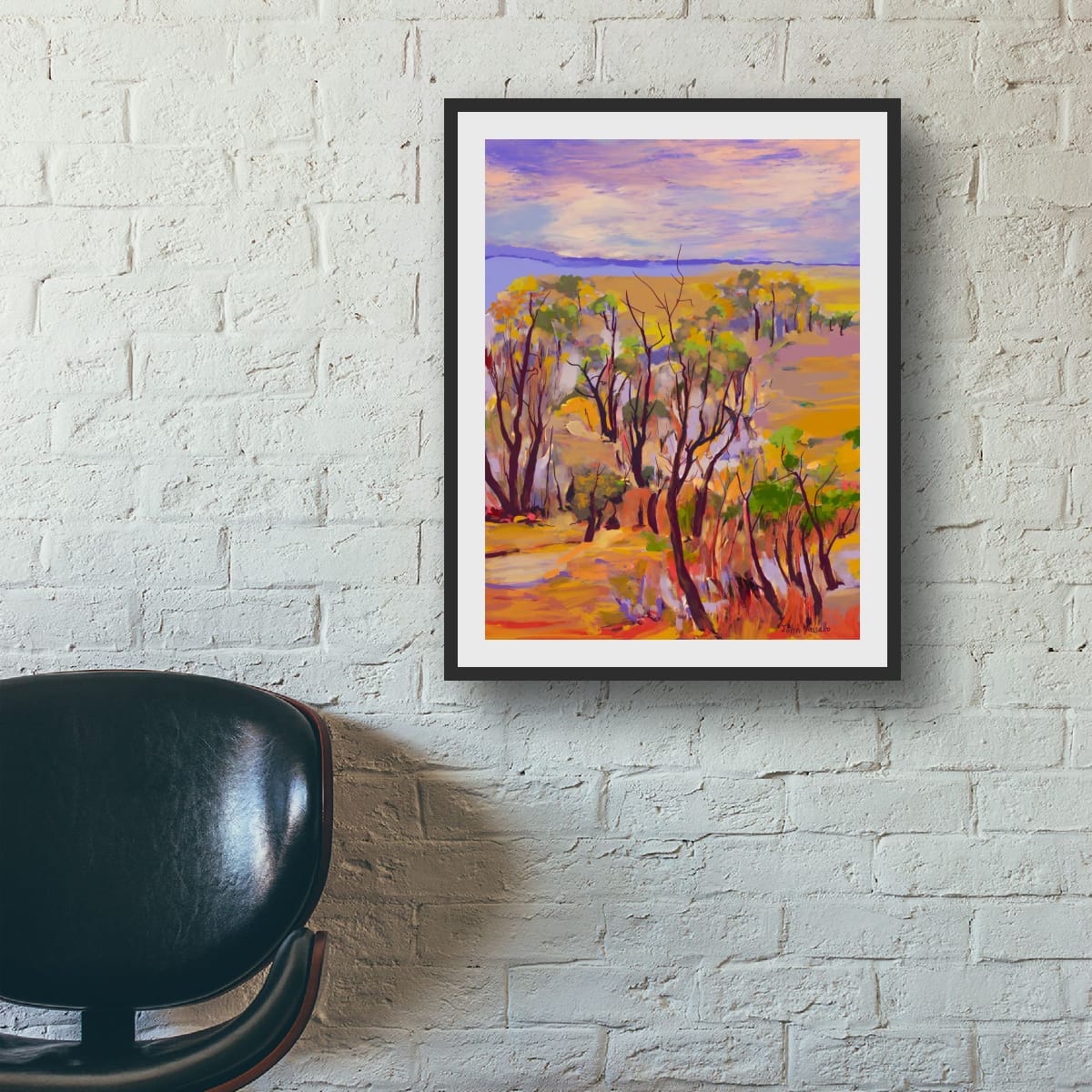 Autumn Trees” presents a landscape where slender trees with sparse foliage rise...