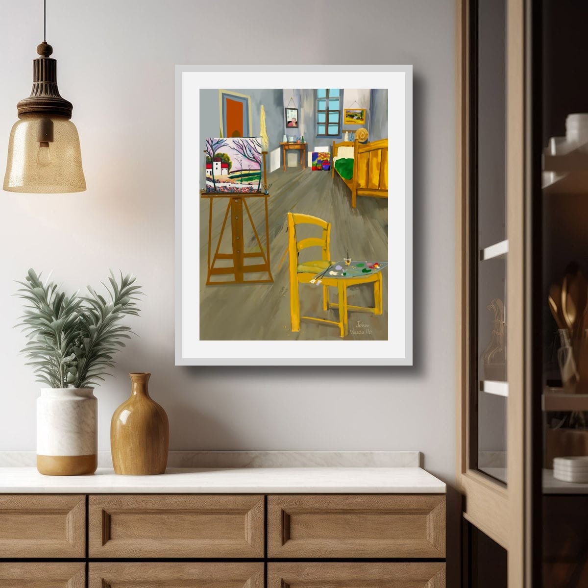 This painting presents a cozy artist’s studio filled with warm wooden furniture...