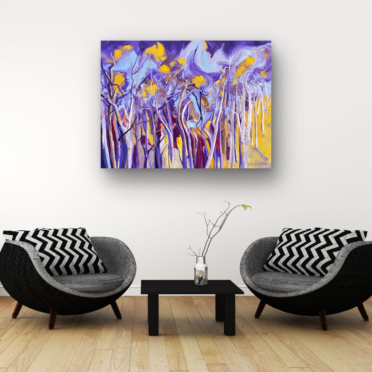Enduring Life Moments presents an abstract forest scene where twisting trees ris...