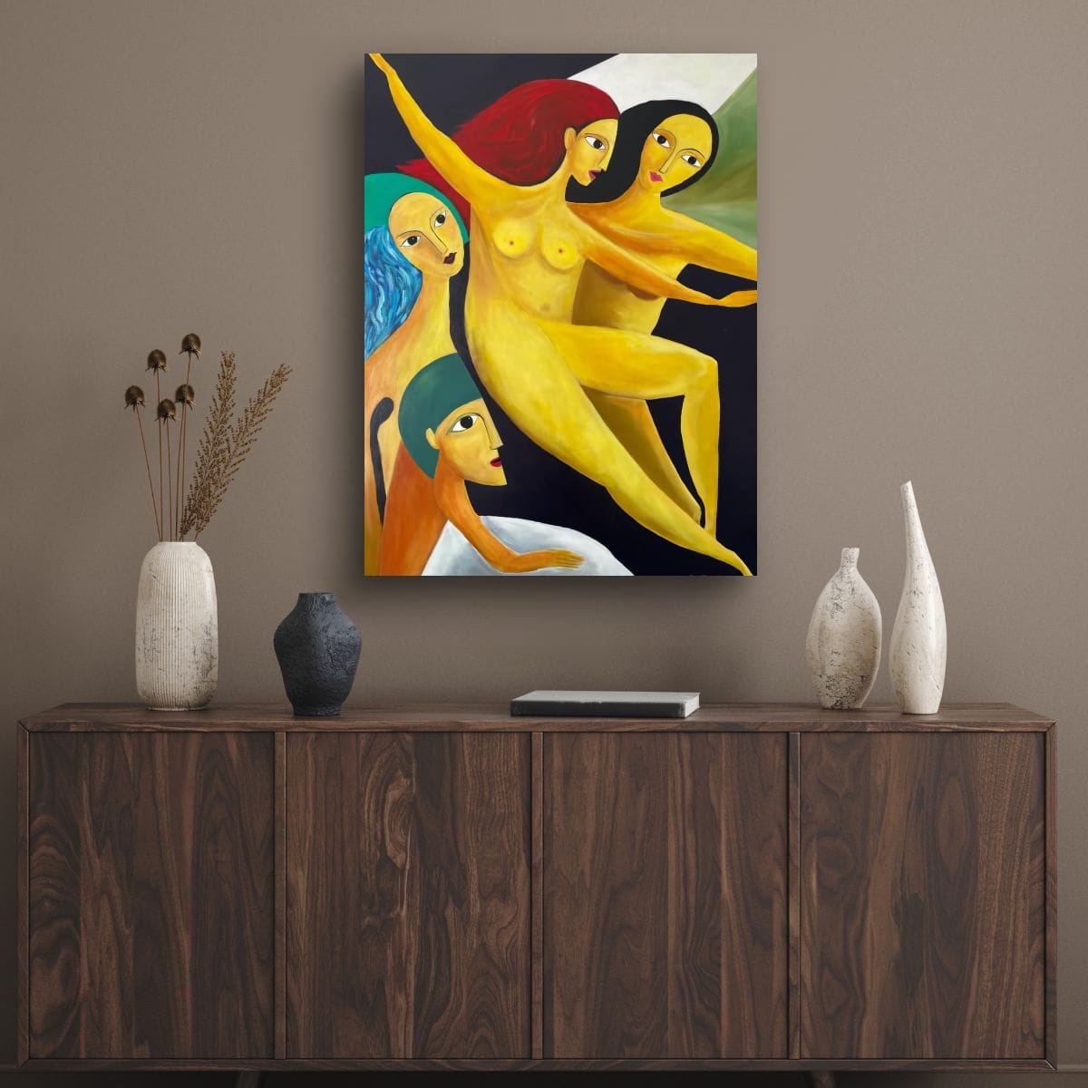Dancing Figures" presents four stylized, intertwined forms that convey motion an...
