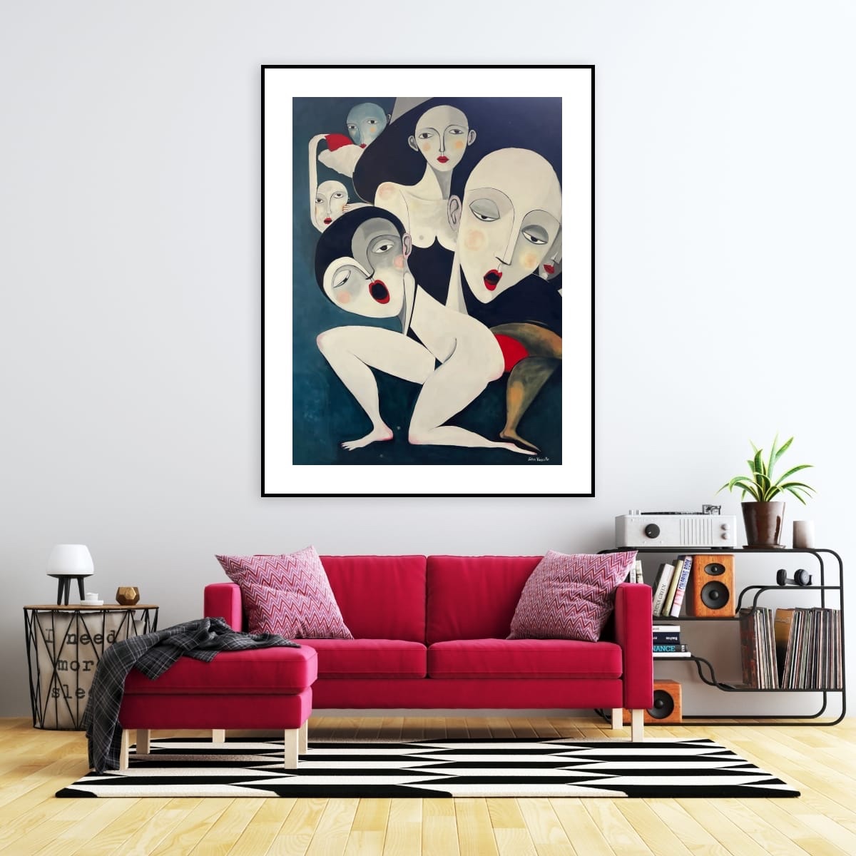 This abstract expressionist piece presents a collection of elongated, stylized f...