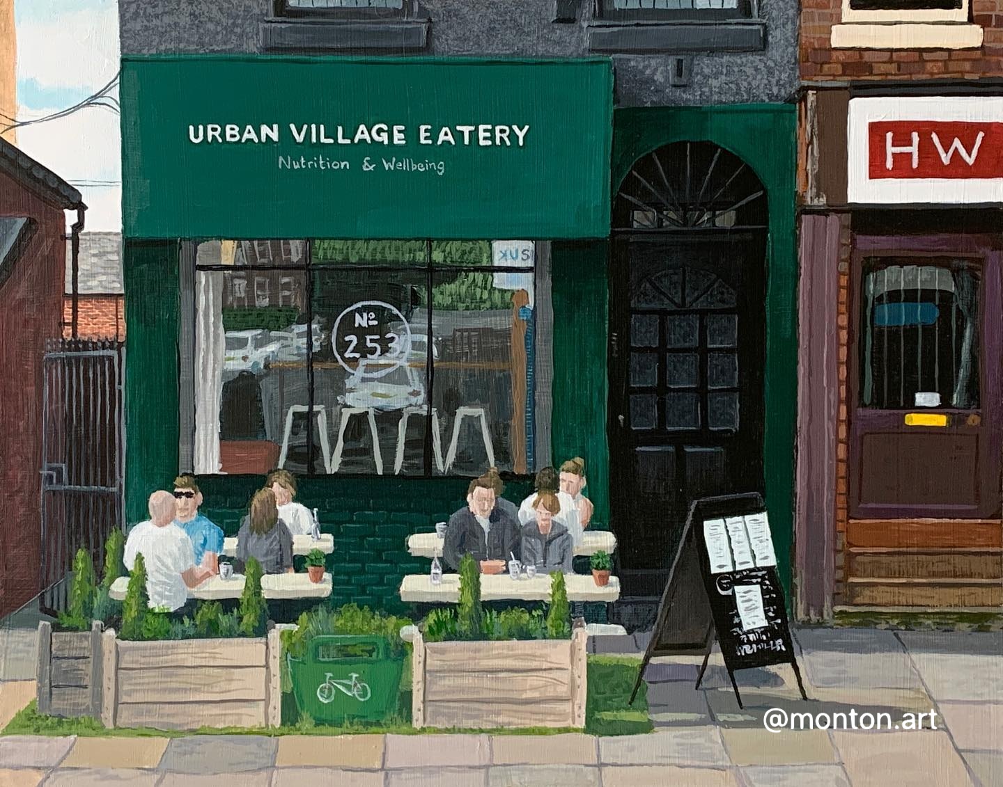 Urban Village Eatery, acrylic on board, 14x11”. 
.
Phew. This was hard and a r...