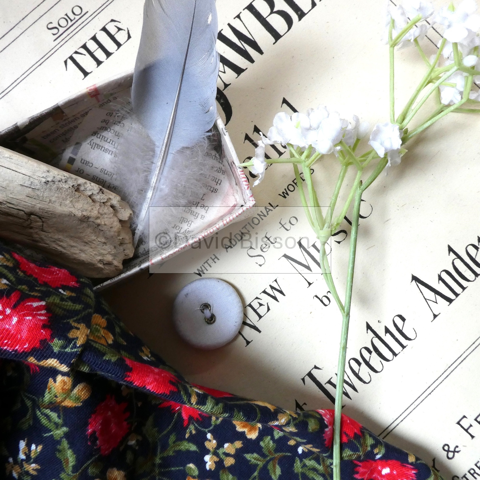 Found objects and materials form a composition set out on the title page of an o...