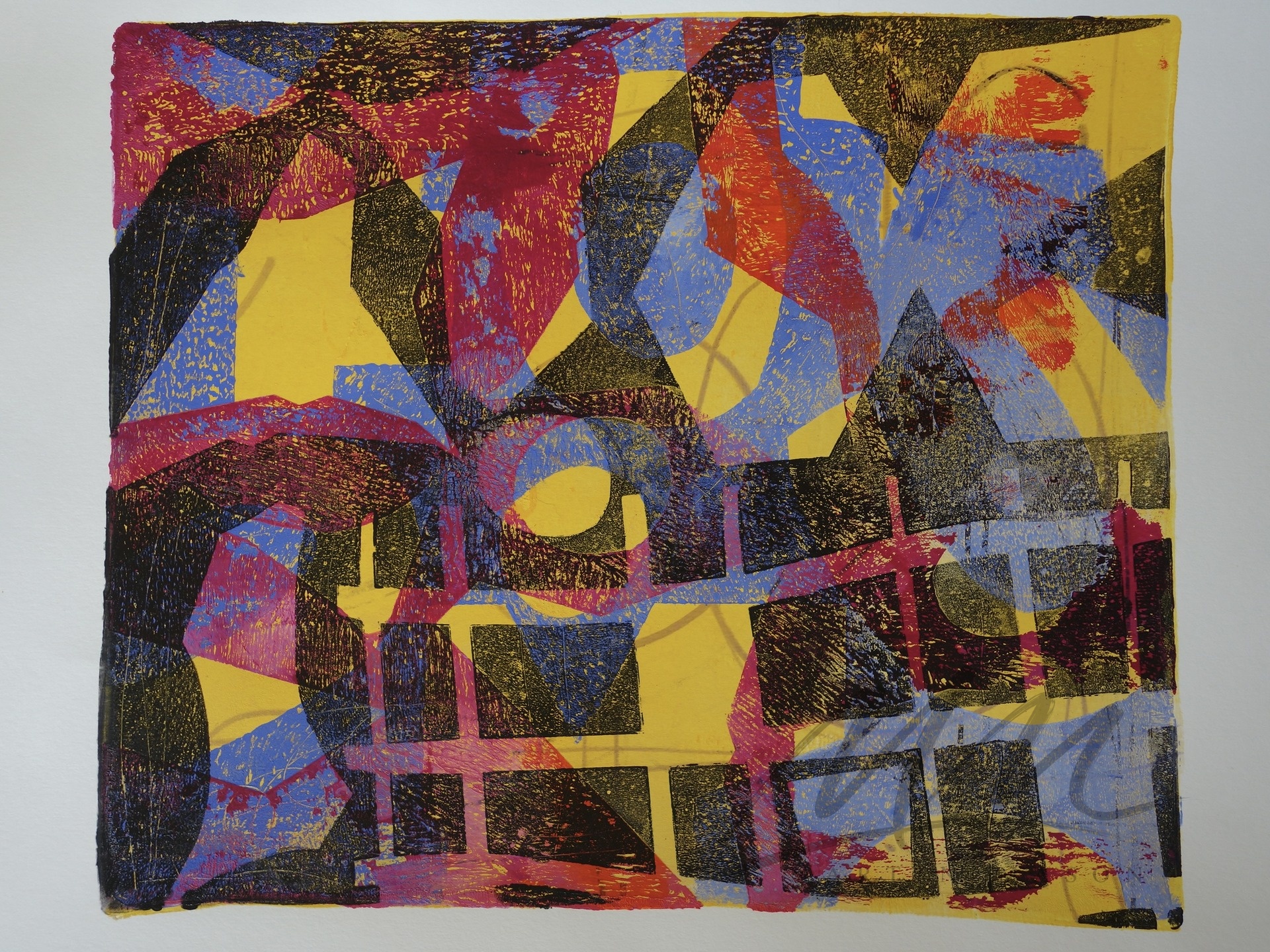 "Urban Grid II" Mono print with collage, image size 12 x 14 inches.
