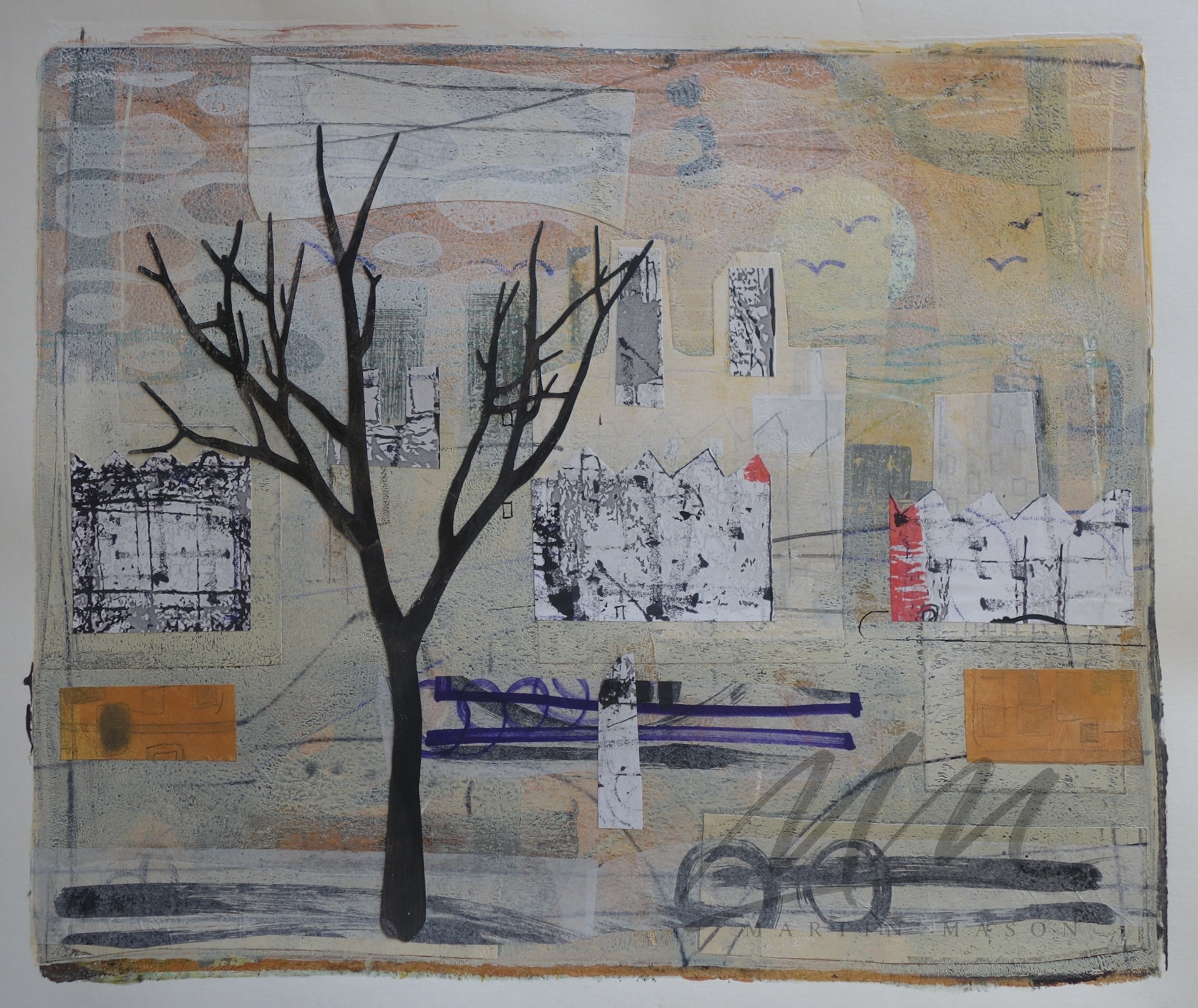 "City" Mono print with collage, image size 12 x 14 inches.