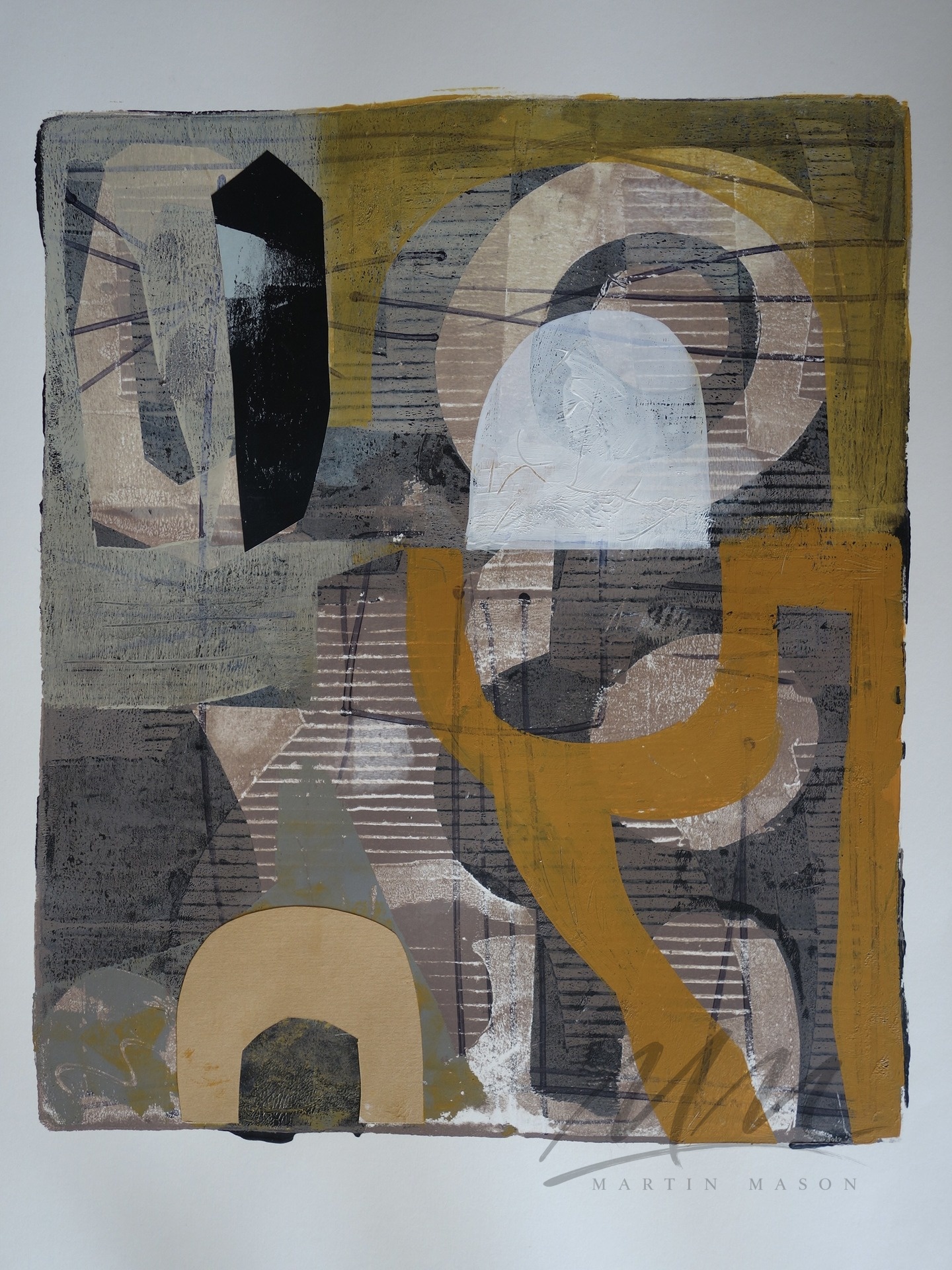 "Archaic Echoes" Mono print with collage, image size 12 x 14 inches.