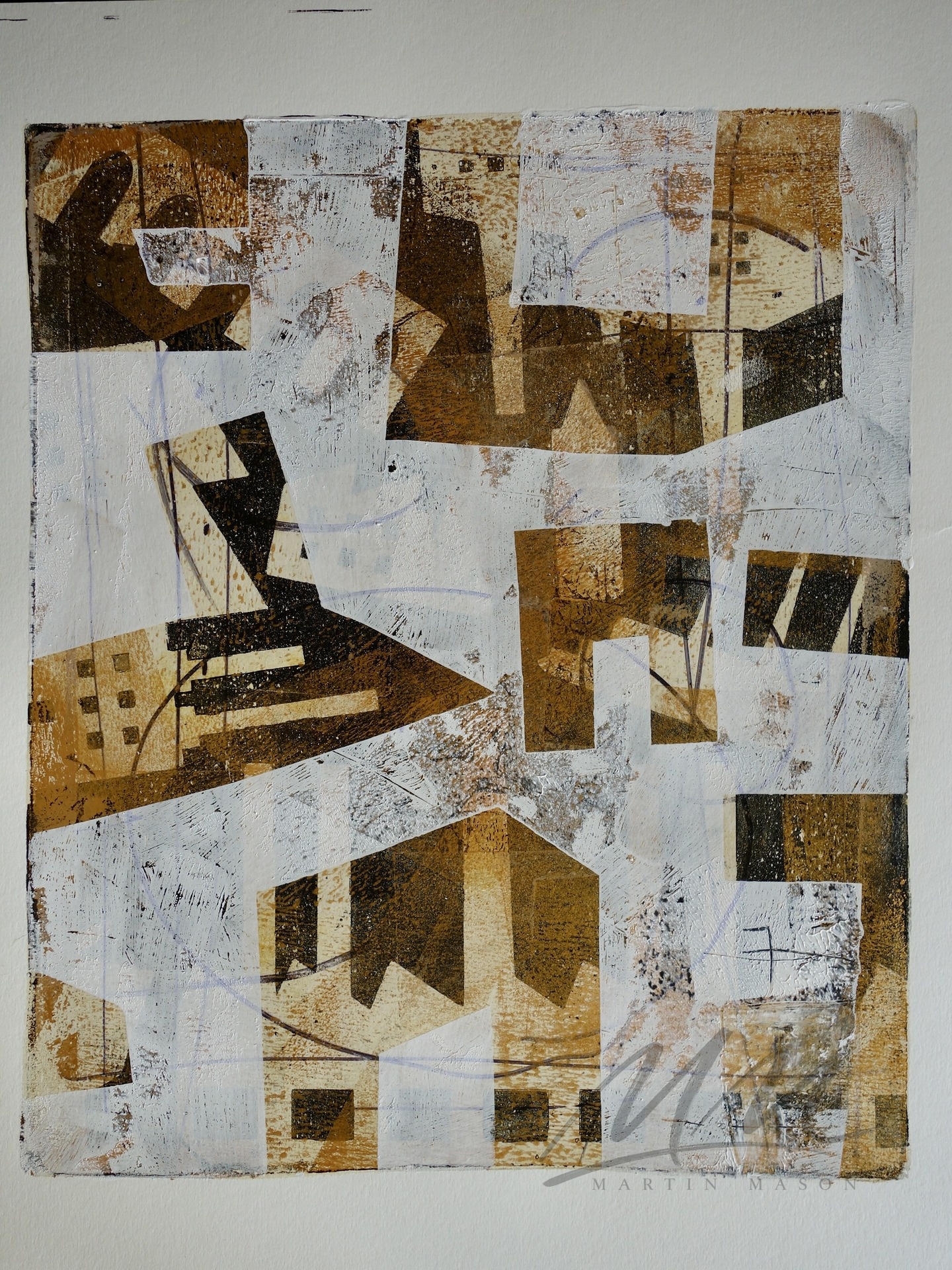 "Industrial" Mono print with collage, image size 12 x 14 inches.