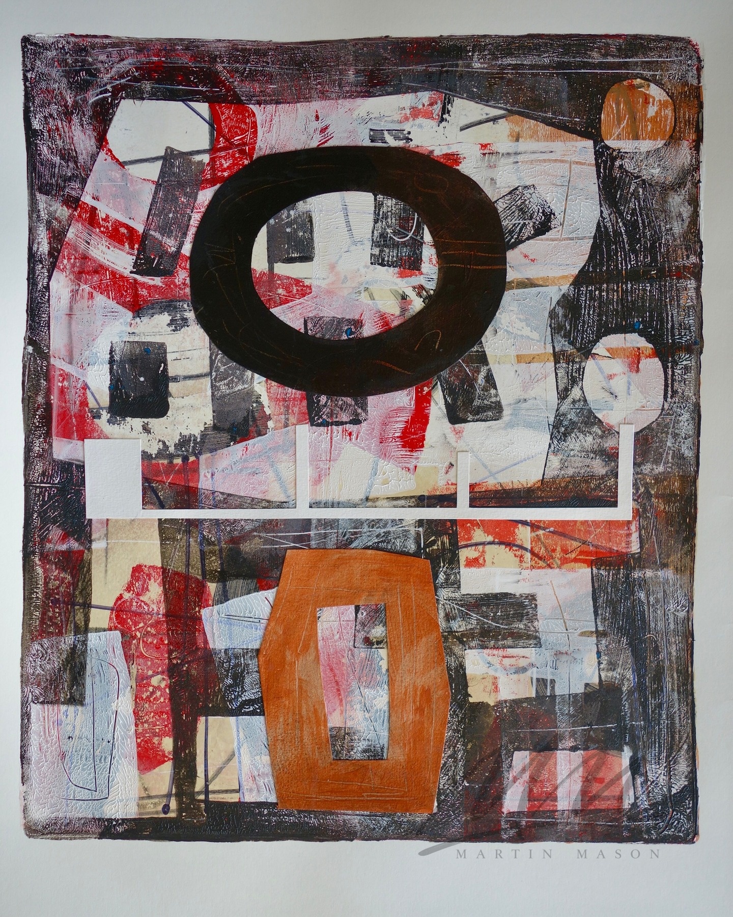 "Urban Grid" Mono print with collage, image size 12 x 14 inches.