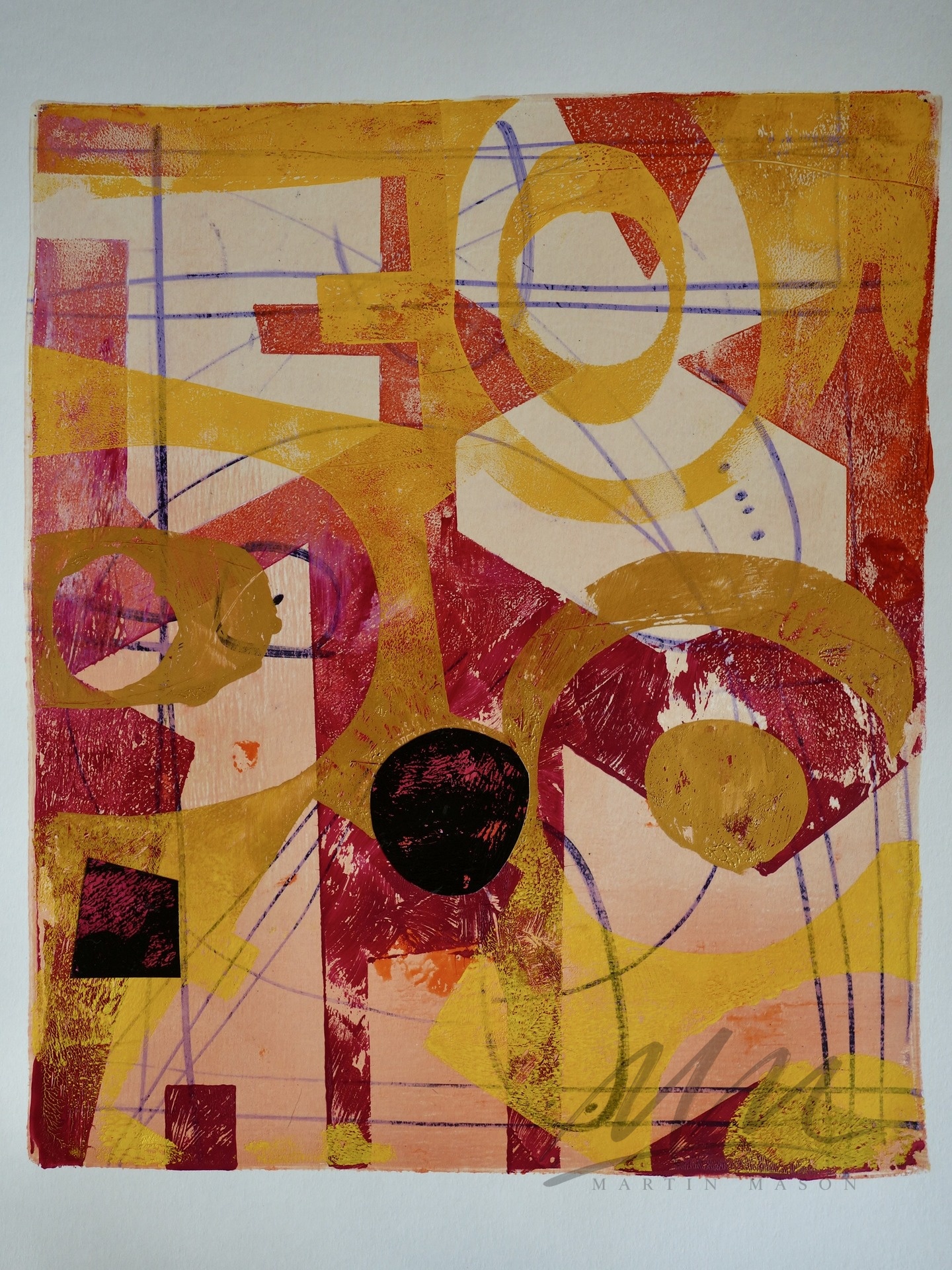 "Convergence of Red and Gold" Mono print with collage, image size 12 x 14 inches...