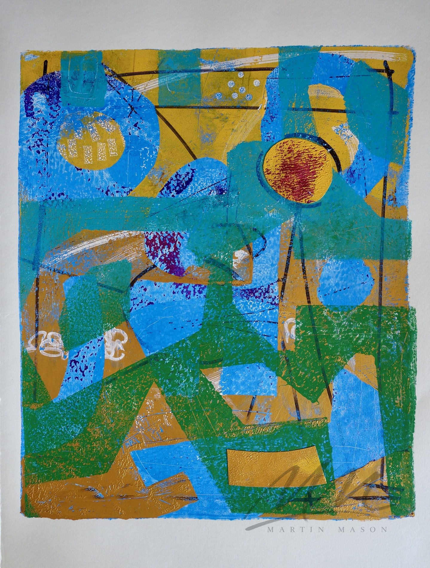 "Lapis and Gold" Mono print with collage, image size 12 x 14 inches.
