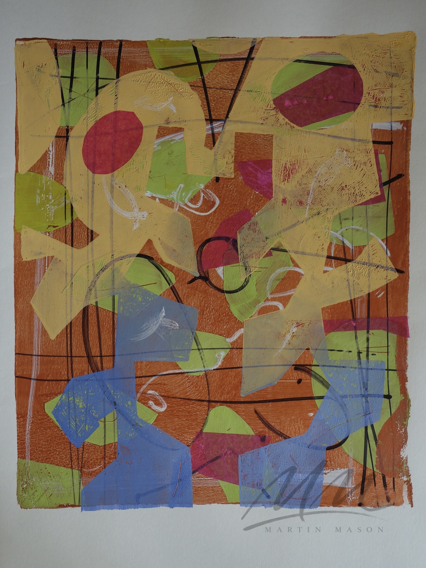 "Garden Flowers II" Mono print with collage, image size 12 x 14 inches.