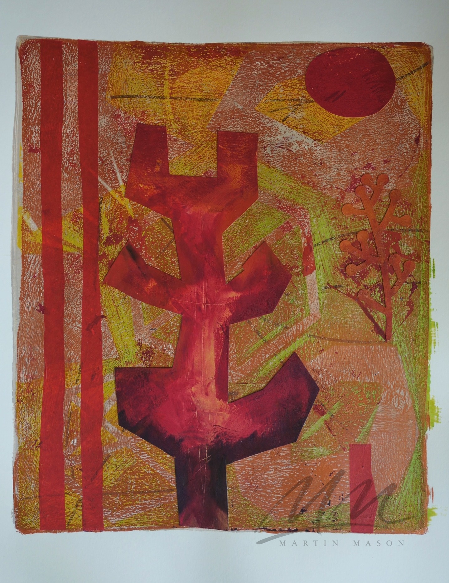 "Blood Moon" Mono print with collage, image size 12 x 14 inches.