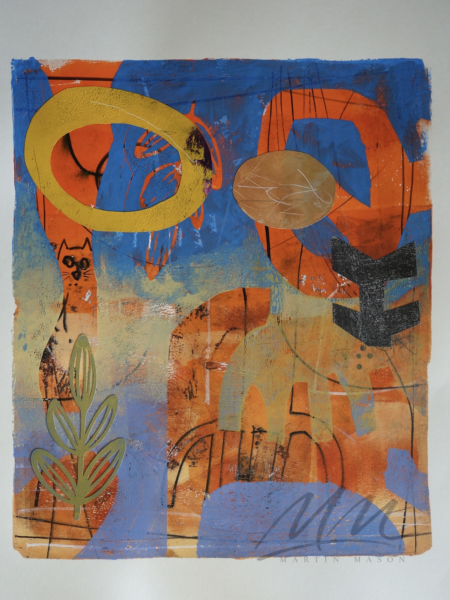 "Garden Cat" Mono print with collage, image size 12 x 14 inches.