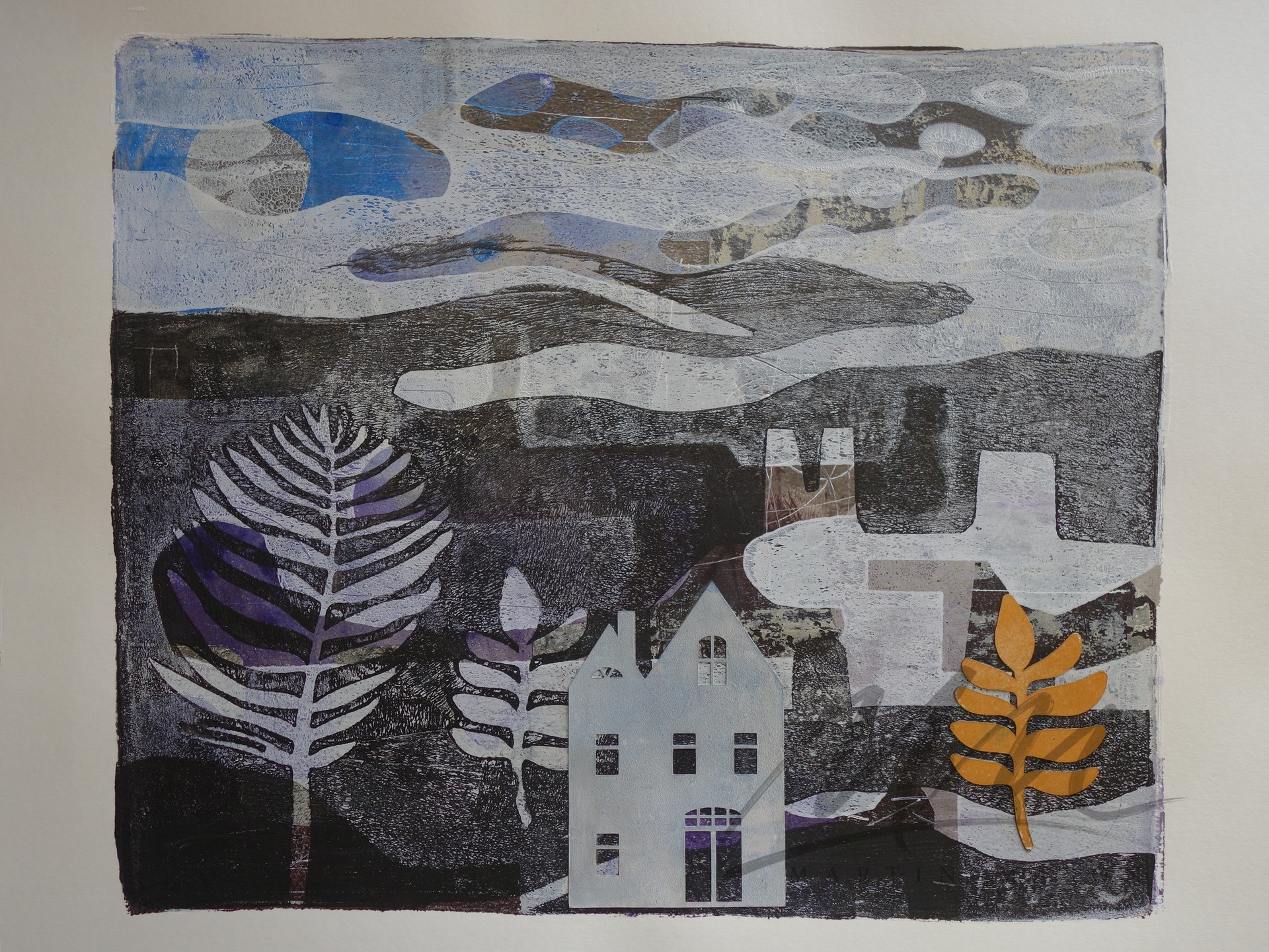 "Moonlit Garden" Mono print with collage, image size 12 x 14 inches.