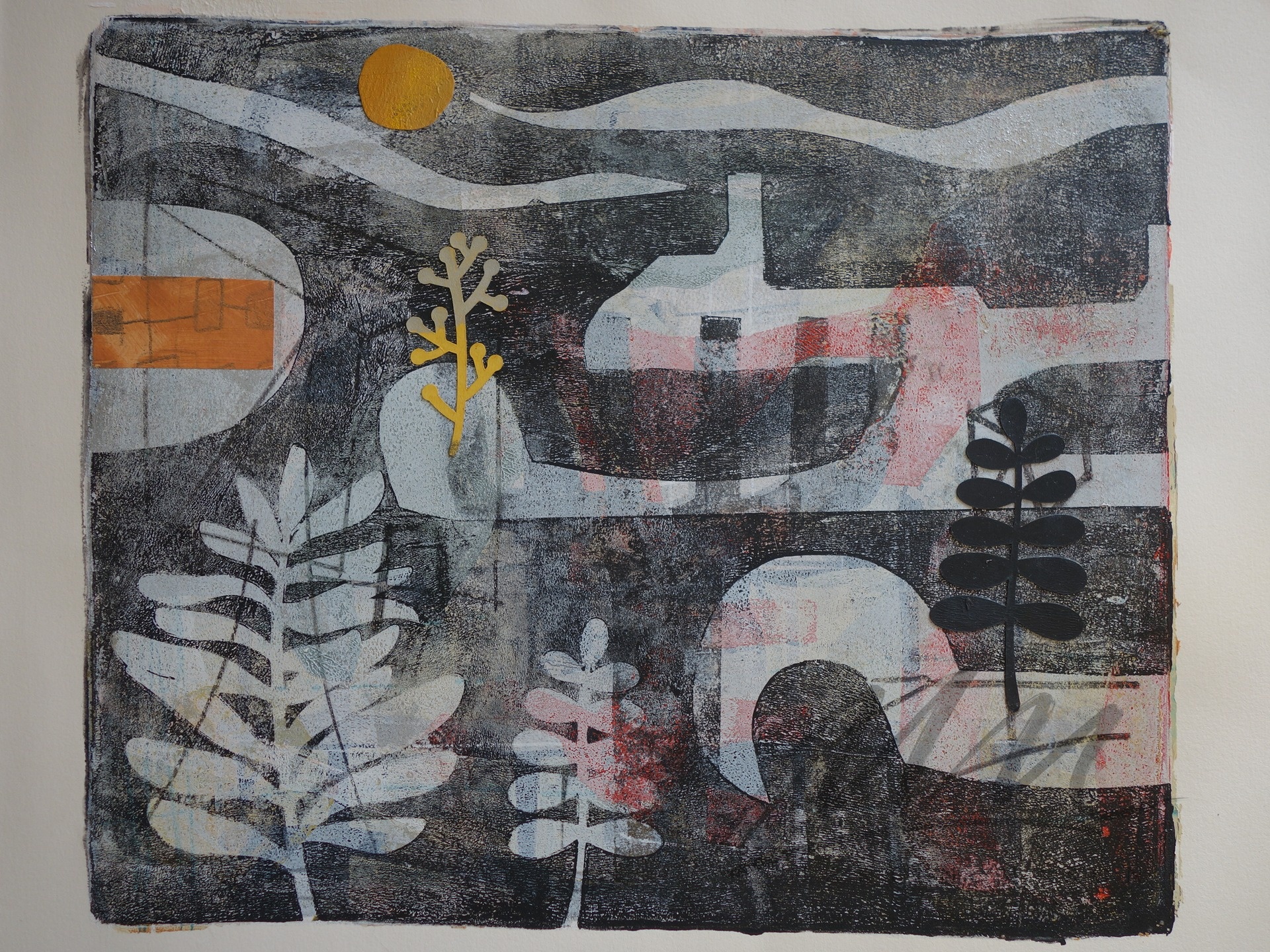 "Inner Gardens" Mono print with collage, image size 12 x 14 inches.