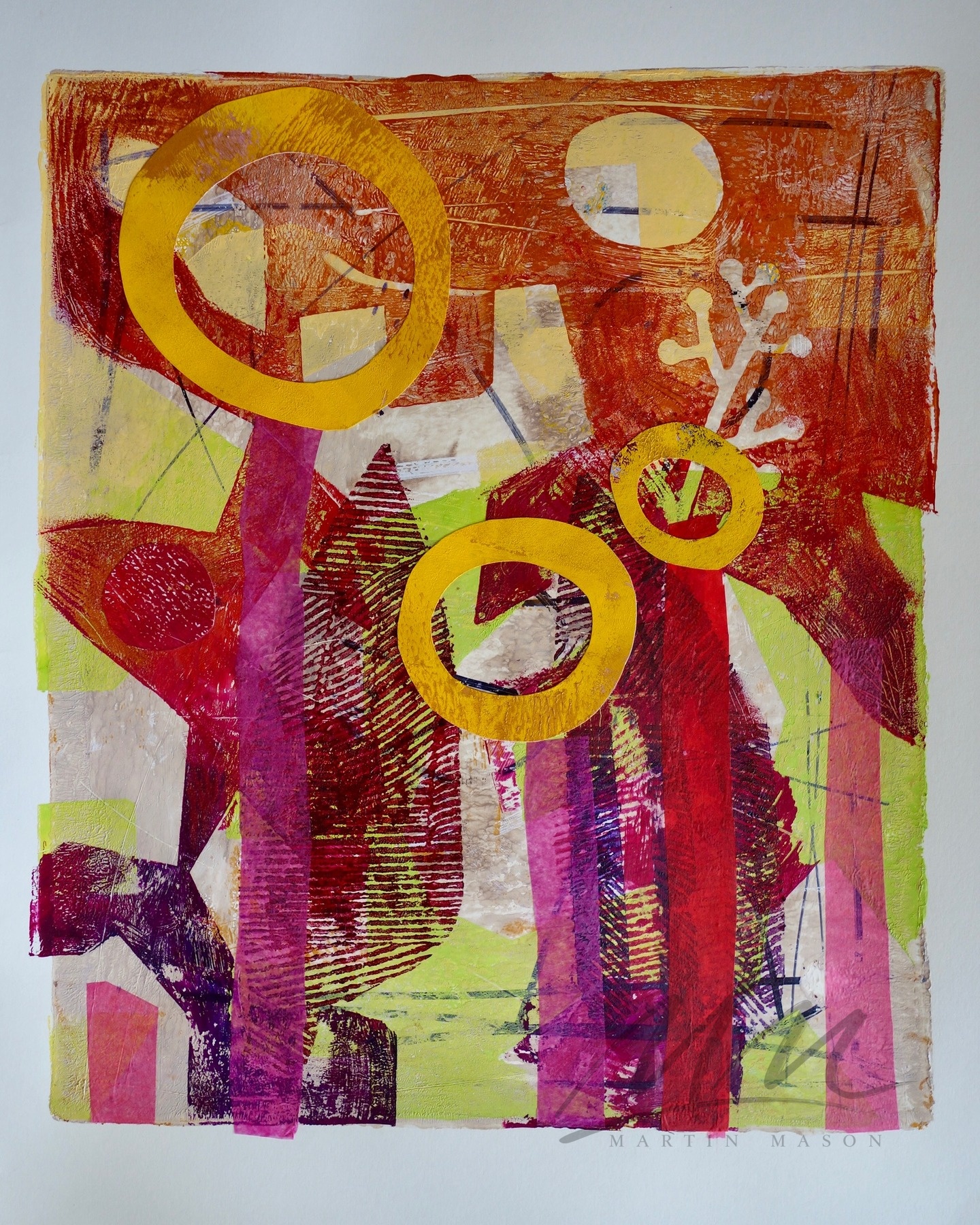 "Garden Flowers" Mono print with collage, image size 12 x 14 inches.