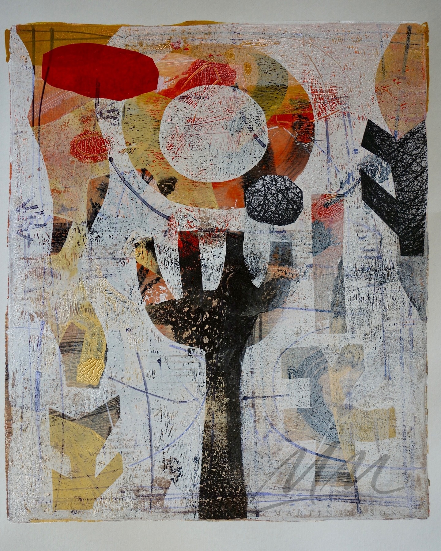 "Rising Elements" Mono print with collage 12 x 14 inches.