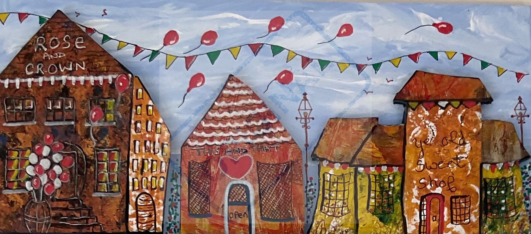 These Whimsey houses are 3D, covered hand made geli printed papers on Gater boar...